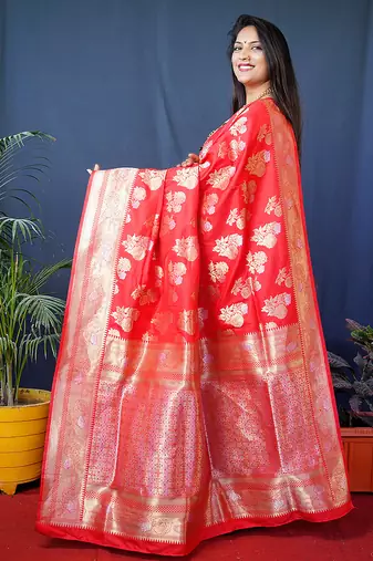 Red woven banarasi silk blend saree with blouse
