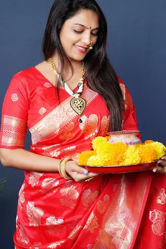Red woven banarasi silk blend saree with blouse