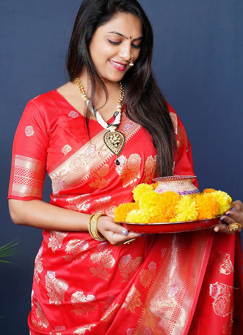 Red woven banarasi silk blend saree with blouse