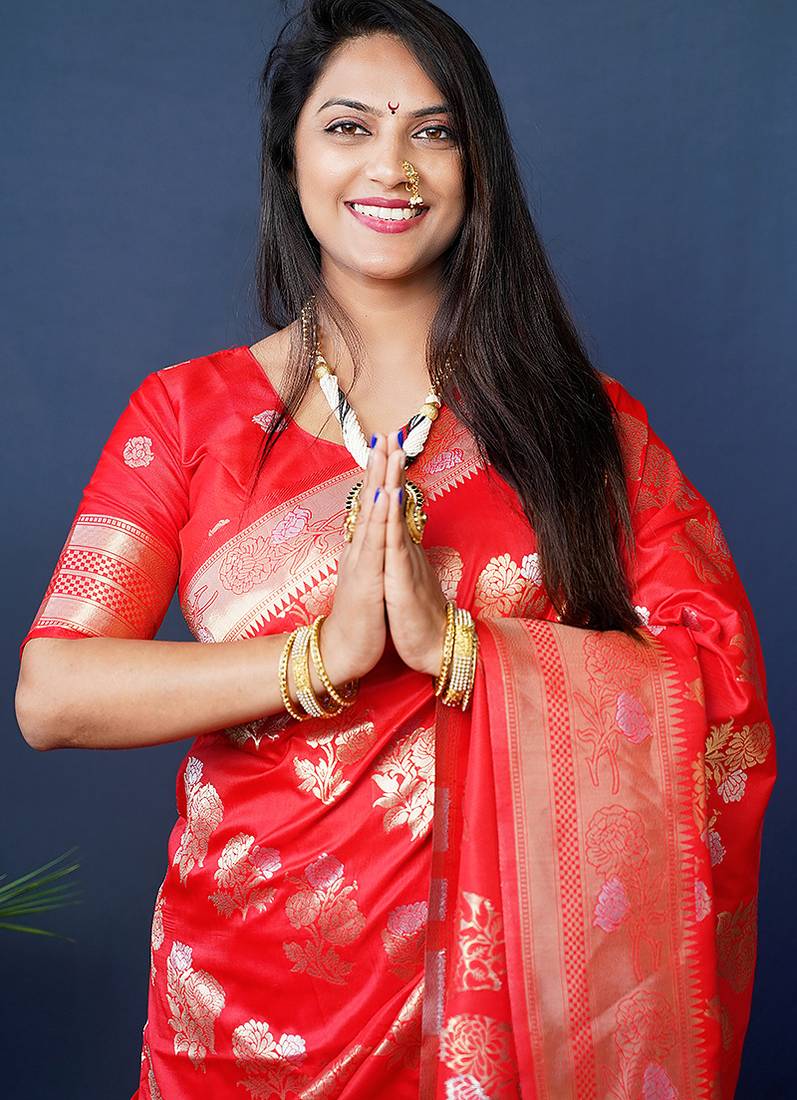Red woven banarasi silk blend saree with blouse