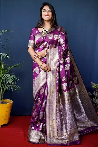 Purple woven banarasi silk blend saree with blouse