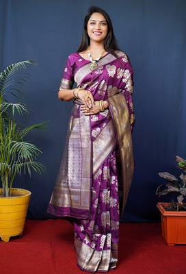 Purple woven banarasi silk blend saree with blouse 2