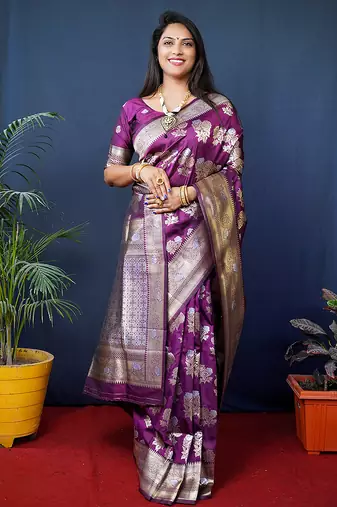 Purple woven banarasi silk blend saree with blouse