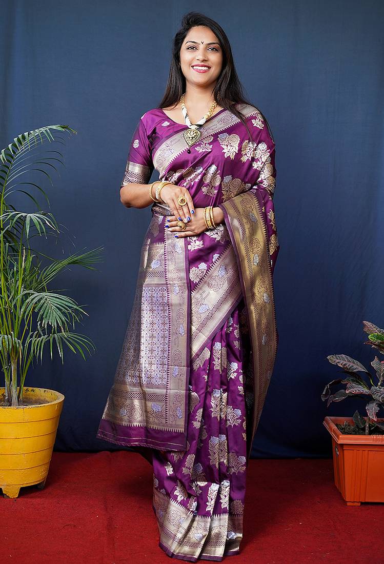Purple woven banarasi silk blend saree with blouse