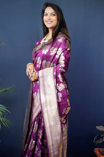 Purple woven banarasi silk blend saree with blouse