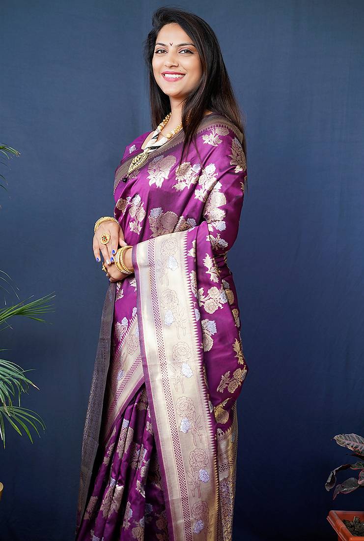 Purple woven banarasi silk blend saree with blouse