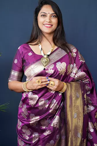 Purple woven banarasi silk blend saree with blouse