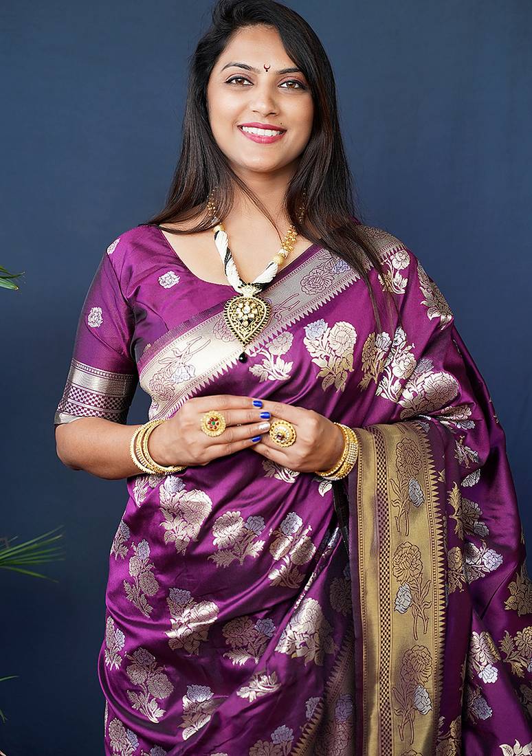 Purple woven banarasi silk blend saree with blouse