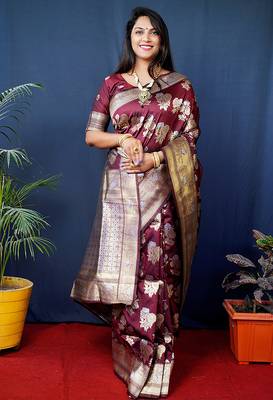 Maroon woven banarasi silk blend saree with blouse 1