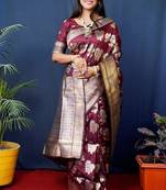 Maroon woven banarasi silk blend saree with blouse