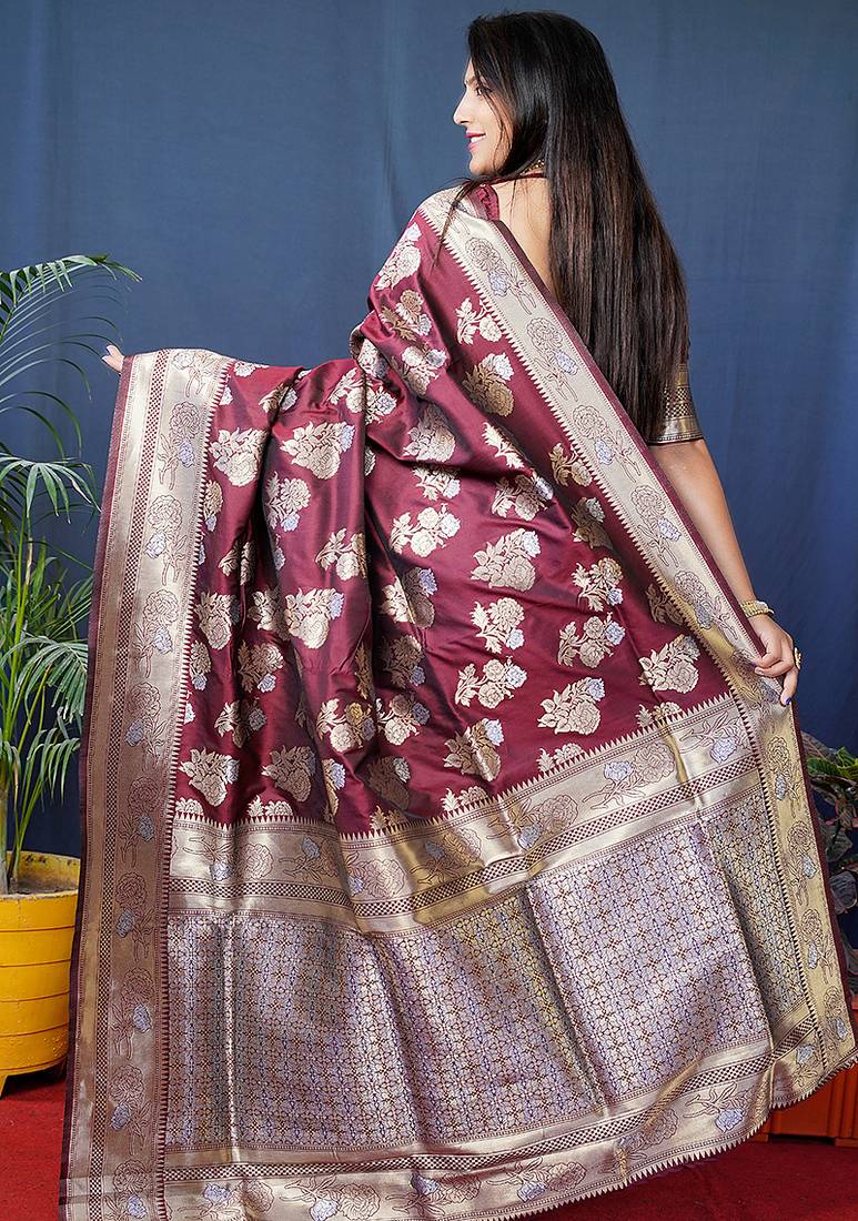 Maroon woven banarasi silk blend saree with blouse