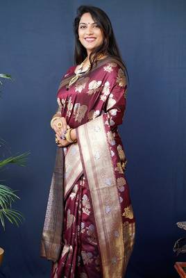 Maroon woven banarasi silk blend saree with blouse 3