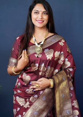 Maroon woven banarasi silk blend saree with blouse 4