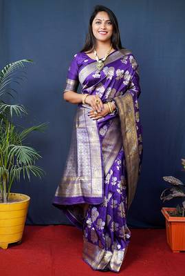 Violet woven banarasi silk blend saree with blouse 1