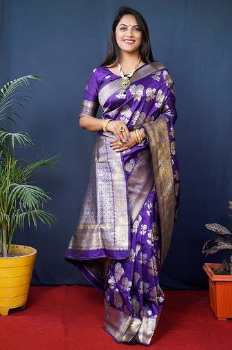 Violet woven banarasi silk blend saree with blouse