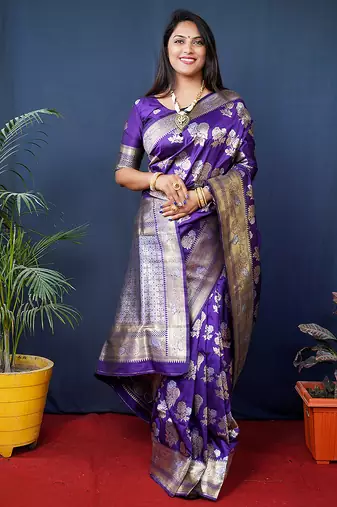 Violet woven banarasi silk blend saree with blouse