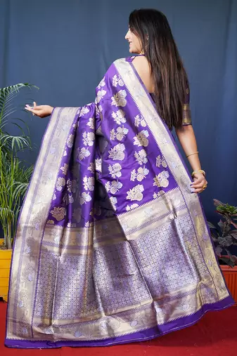Violet woven banarasi silk blend saree with blouse