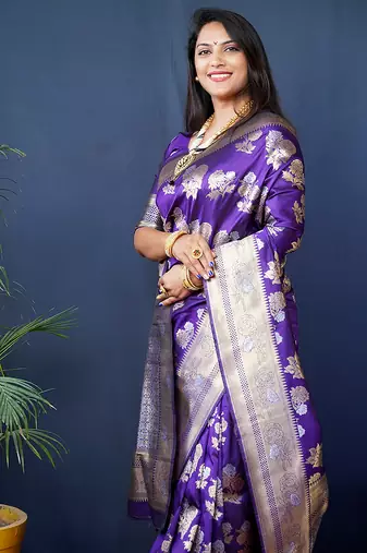 Violet woven banarasi silk blend saree with blouse