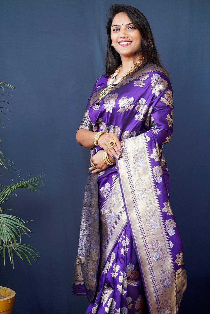 Violet woven banarasi silk blend saree with blouse