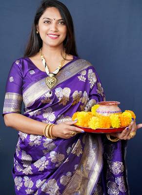 Violet woven banarasi silk blend saree with blouse 4