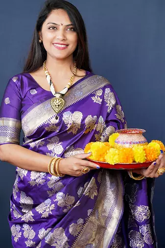 Violet woven banarasi silk blend saree with blouse