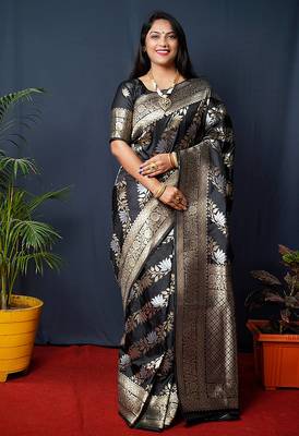Black woven banarasi silk blend saree with blouse 1