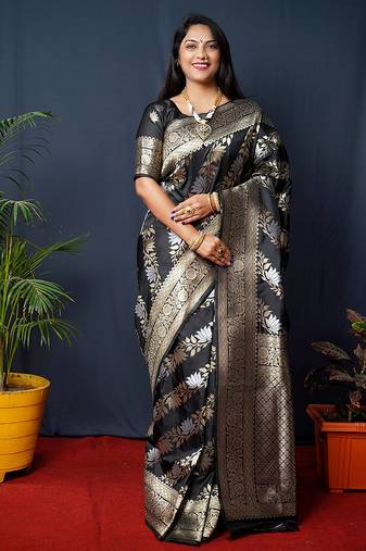 Black woven banarasi silk blend saree with blouse