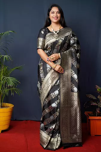 Black woven banarasi silk blend saree with blouse