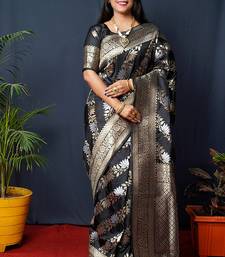 Black woven banarasi silk blend saree with blouse