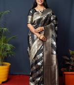 Black woven banarasi silk blend saree with blouse