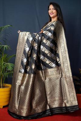 Black woven banarasi silk blend saree with blouse 2