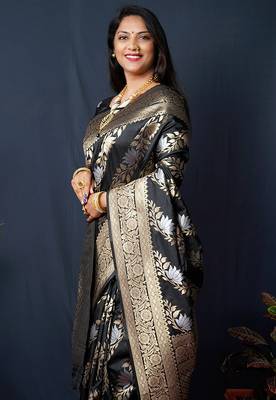 Black woven banarasi silk blend saree with blouse 3