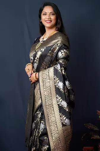Black woven banarasi silk blend saree with blouse