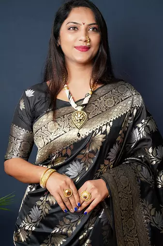 Black woven banarasi silk blend saree with blouse