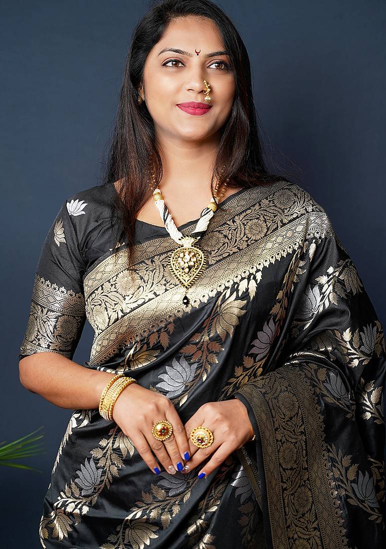 Black woven banarasi silk blend saree with blouse