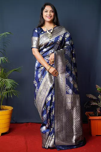 Navy blue woven banarasi silk blend saree with blouse