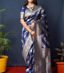 Navy blue woven banarasi silk blend saree with blouse
