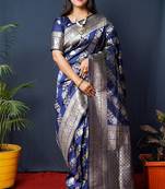 Navy blue woven banarasi silk blend saree with blouse