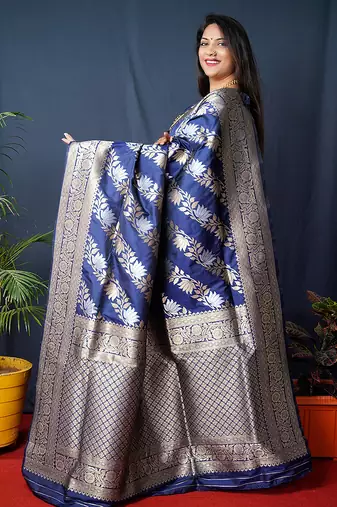 Navy blue woven banarasi silk blend saree with blouse