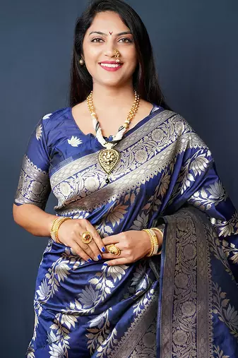 Navy blue woven banarasi silk blend saree with blouse
