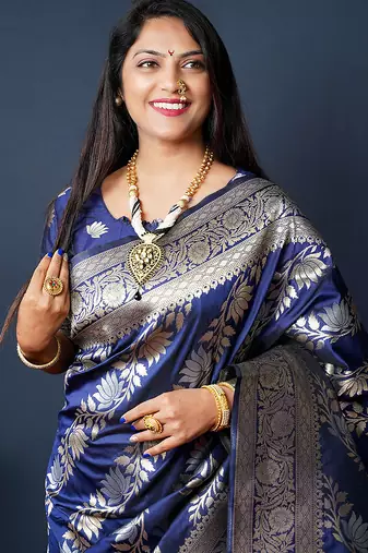 Navy blue woven banarasi silk blend saree with blouse