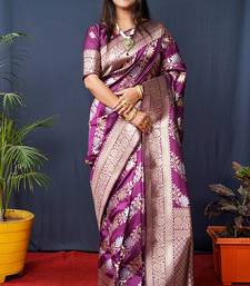 Magenta purple woven banarasi silk blend saree with blouse