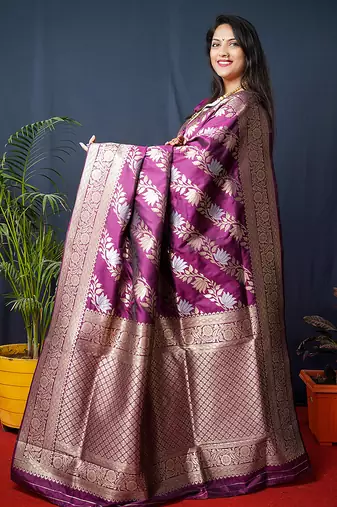 Magenta purple woven banarasi silk blend saree with blouse