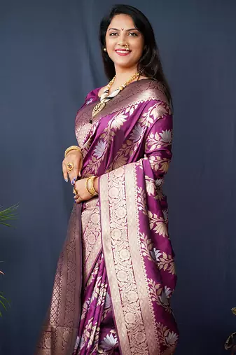 Magenta purple woven banarasi silk blend saree with blouse