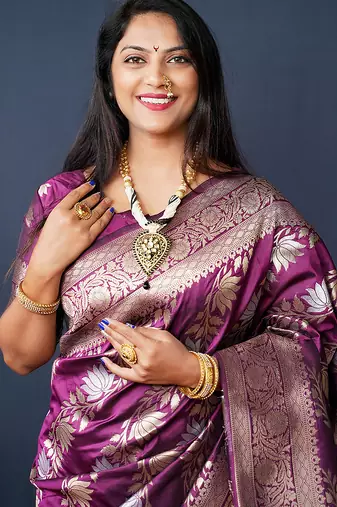 Magenta purple woven banarasi silk blend saree with blouse