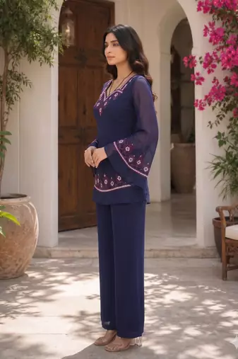 Thread Fendy Satin Fabric Straight Kurta Palazzo Set