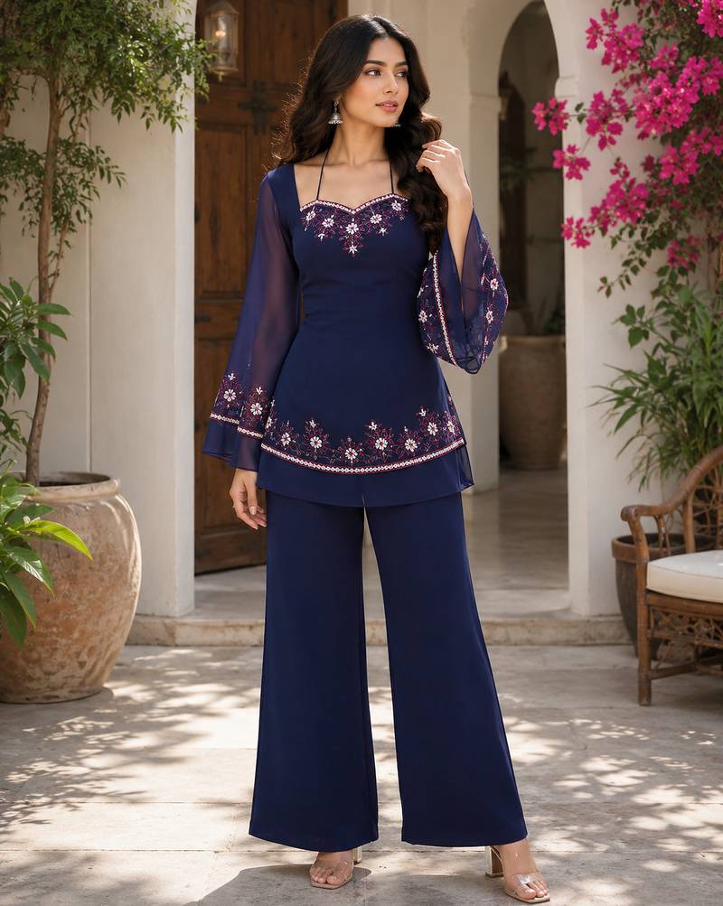 Thread Fendy Satin Fabric Straight Kurta Palazzo Set