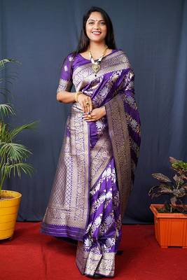 Violet woven banarasi silk blend saree with blouse 1