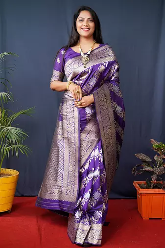 Violet woven banarasi silk blend saree with blouse