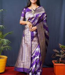 Violet woven banarasi silk blend saree with blouse